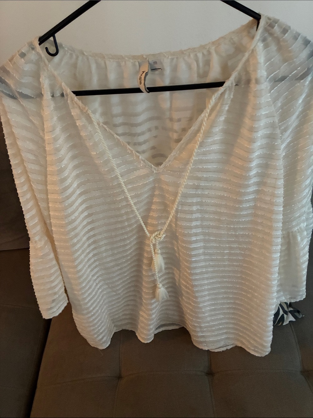 Kensie Cream Sheer Striped V‑Neck Blouse with Tassel Tie